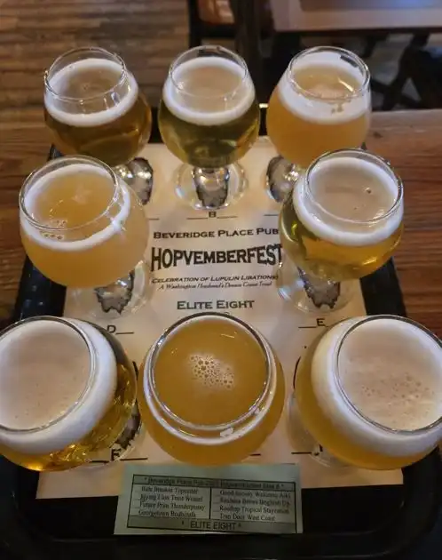 A beer flight at Beveridge Place Pub, a top-rated destination in this West Seattle Guide.