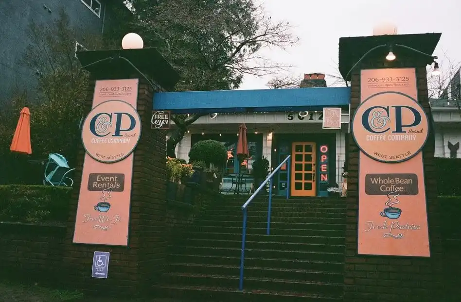 Exterior of C & P Coffee Company, a cozy neighborhood staple in this West Seattle Guide.