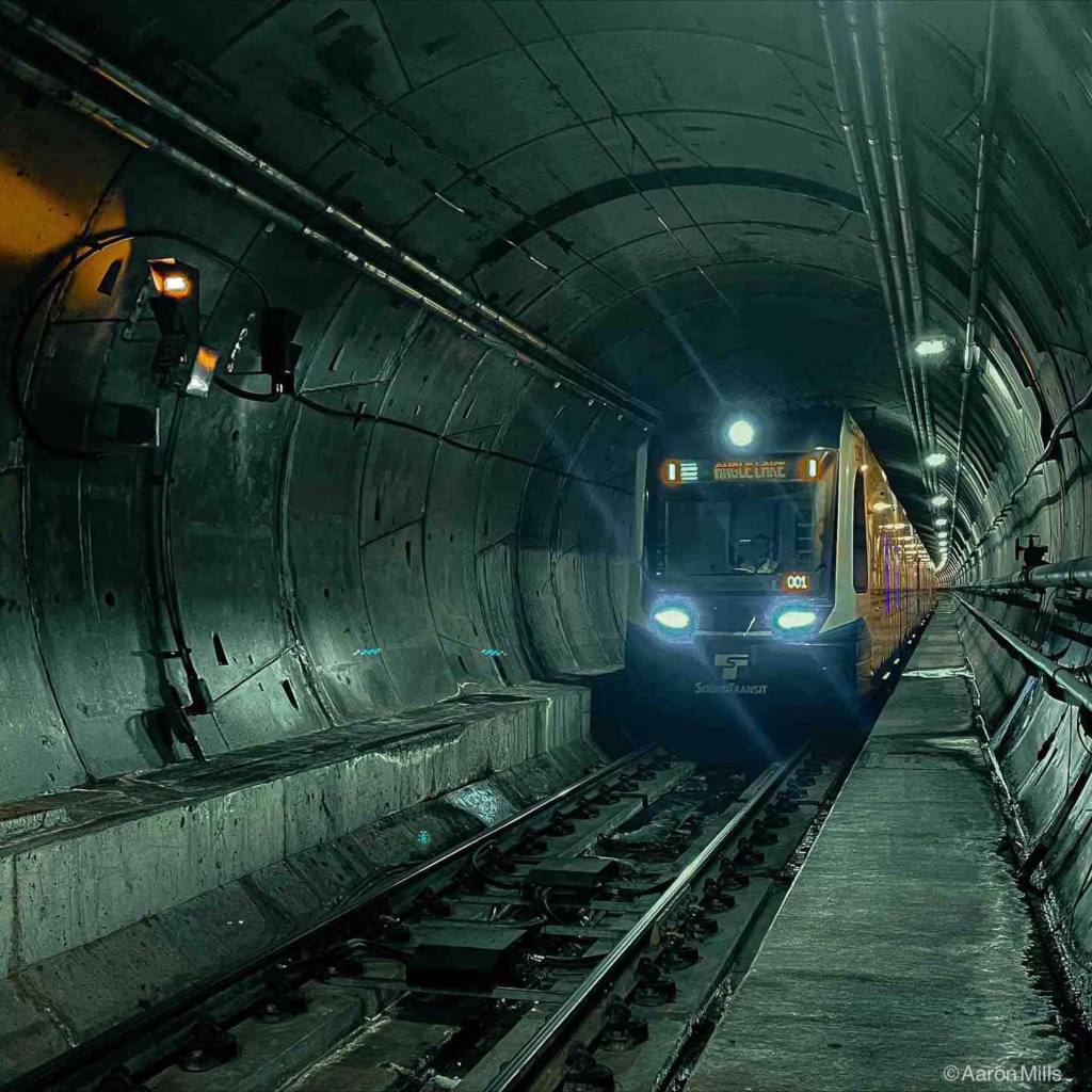 A Seattle Light Rail Guide image shows a Sound Transit train with headlights on, emerging from a dark tunnel.