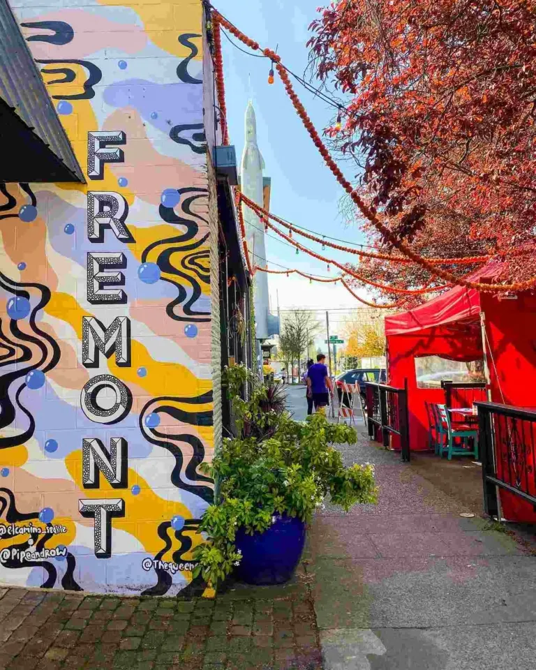 A mural advertising Fremont neighborhood businesses and events in Seattle in June.