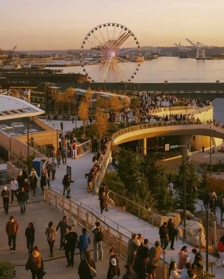 Night view of waterfront park and Great Wheel near the International District Seattle skyline.