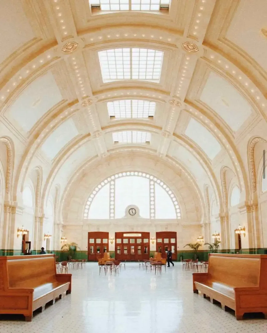 Grand Union Station waiting room with arched ceiling and windows near the International District Seattle.
