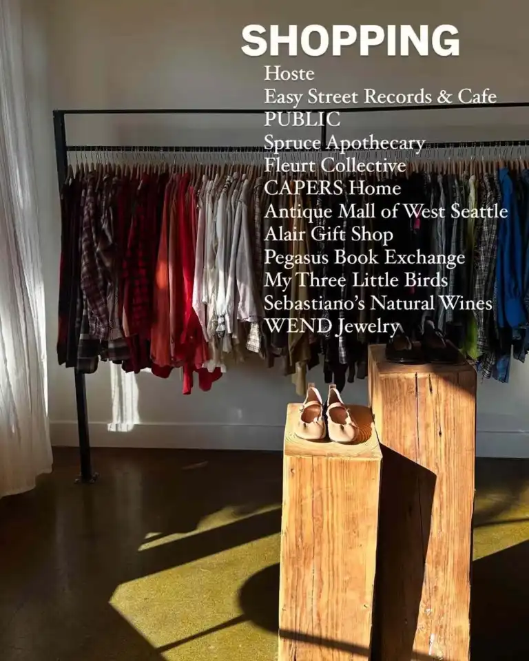 A boutique clothing rack and shoe display, showcasing local shopping favorites in this West Seattle Guide.