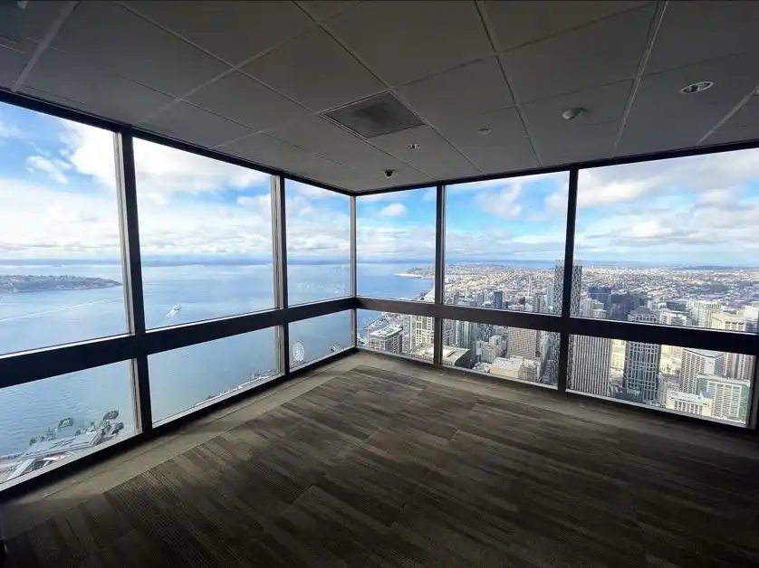 Panoramic windows offer a sweeping view of the Puget Sound from a high downtown Seattle observatory.