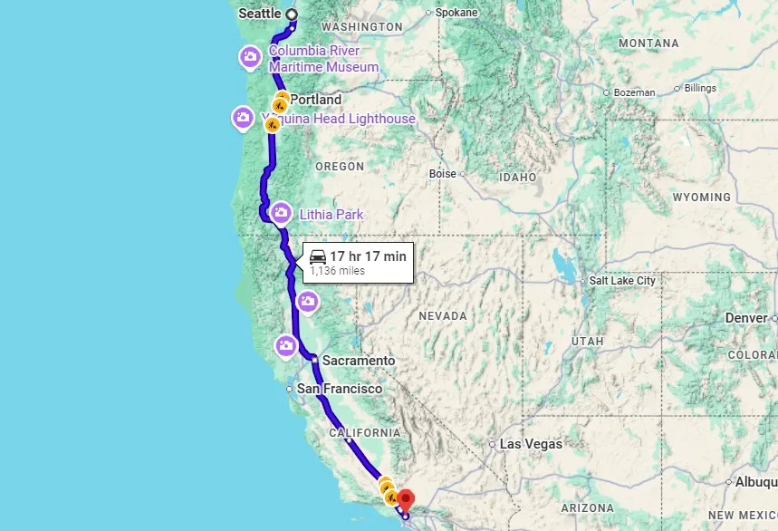 Seattle to Los Angeles Drive Distance and Time