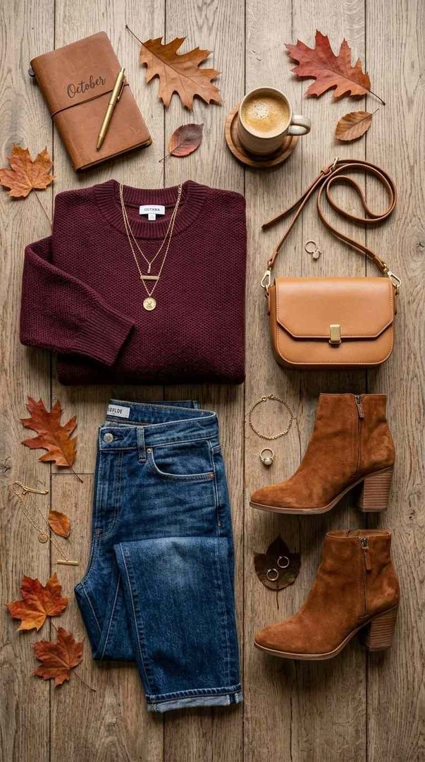 Burgundy Sweater & Jeans