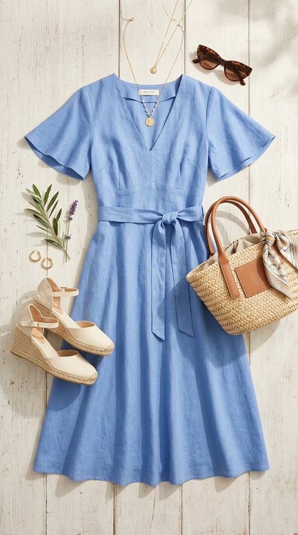Blue Midi Dress & Wedges