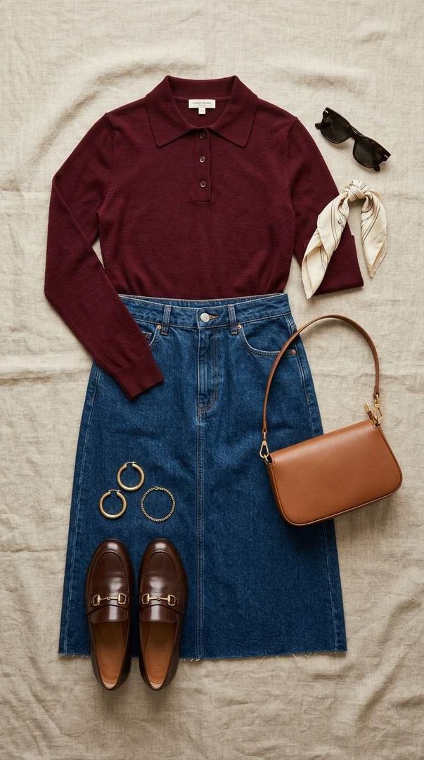 Knit Polo & Denim Skirt