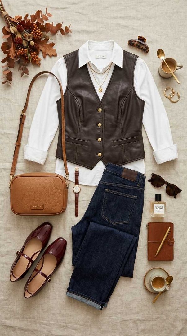 Leather Vest & White Blouse