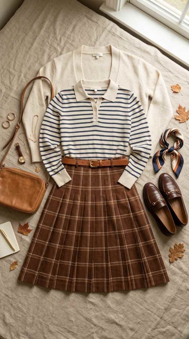 Striped Polo & Pleated Skirt