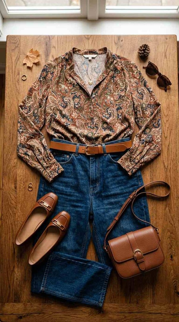 Blouse & Barrel-Leg Jeans