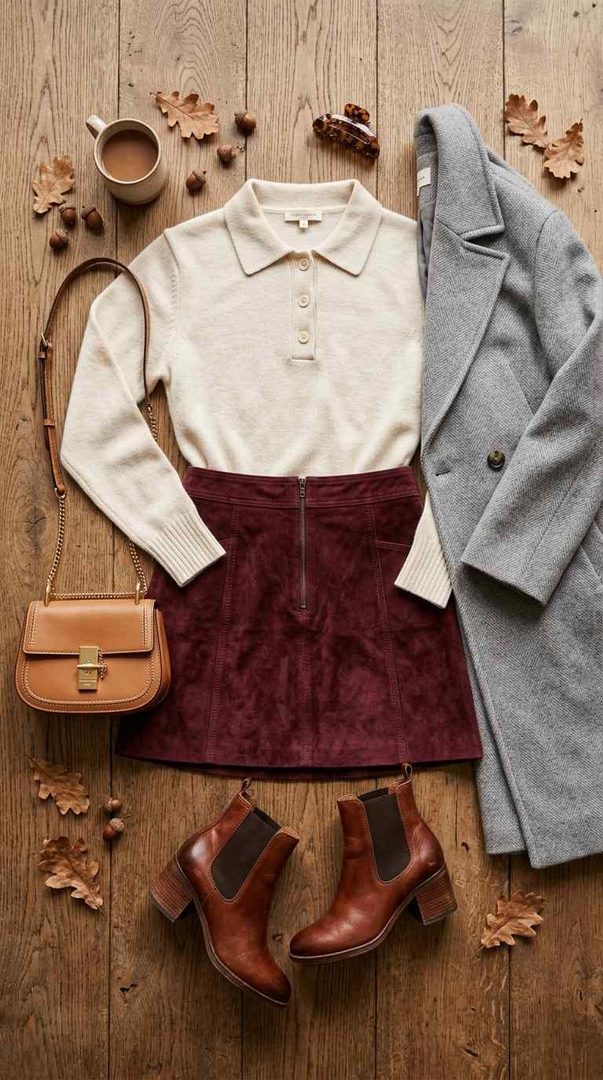 Polo Sweater & Suede Skirt