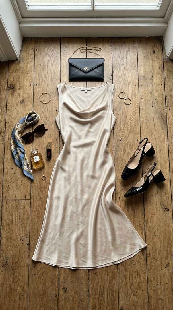 Satin Dress & Slingback Heels