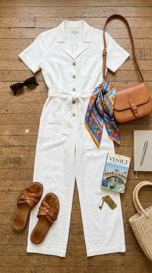White Jumpsuit & Leather Sandals