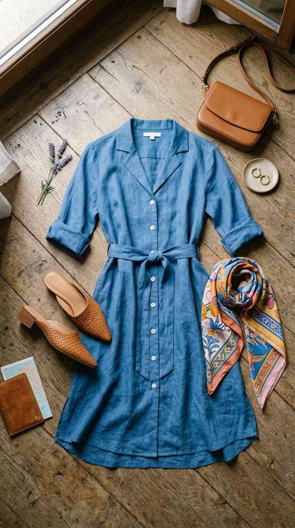 Blue Shirt Dress & Mules