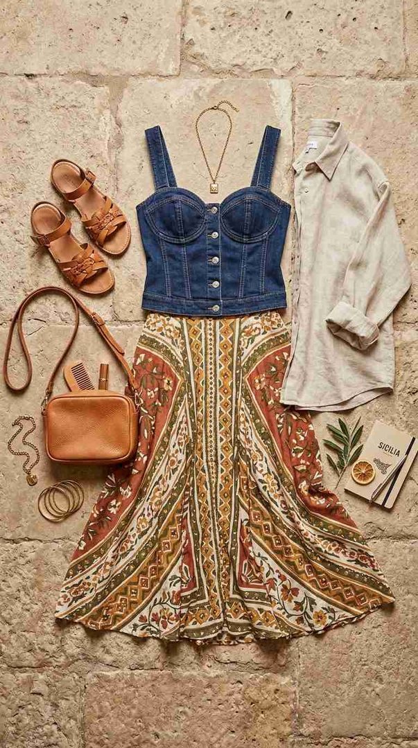 Denim Bustier & Maxi Skirt