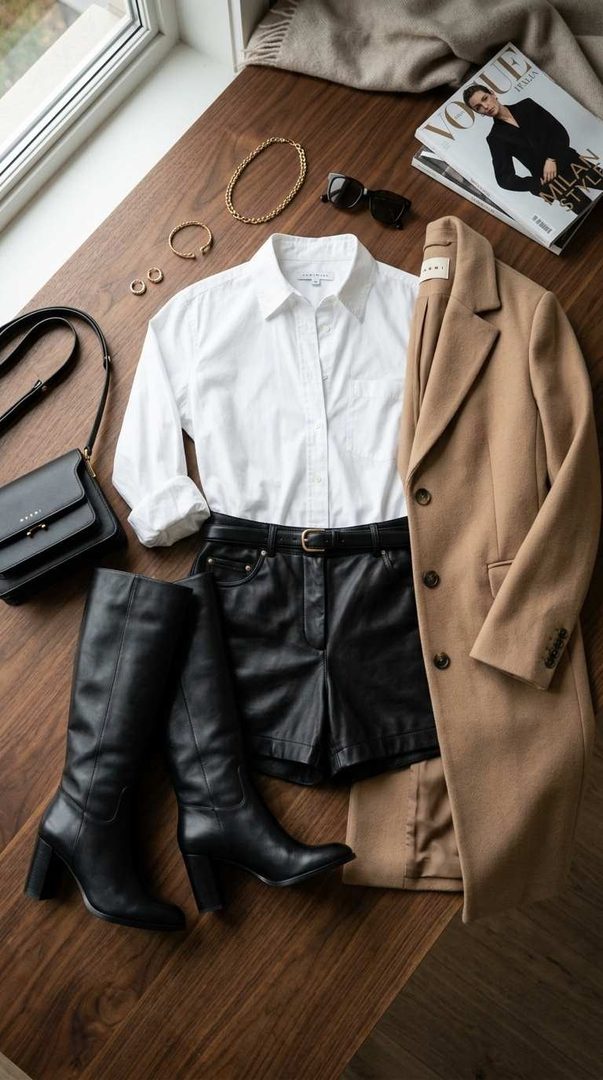 Leather Shorts & Button-Up