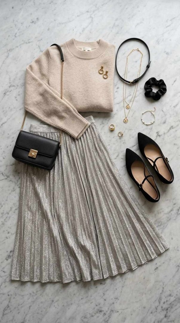 Metallic Skirt & Knit Top