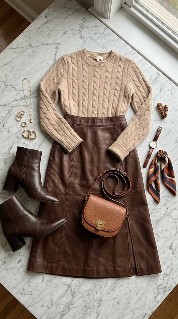 Leather Midi Skirt & Knit
