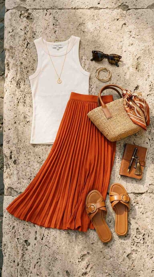Tank Top & Pleated Midi Skirt