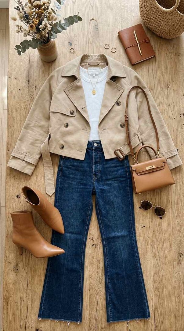 Cropped Trench & Flared Jeans