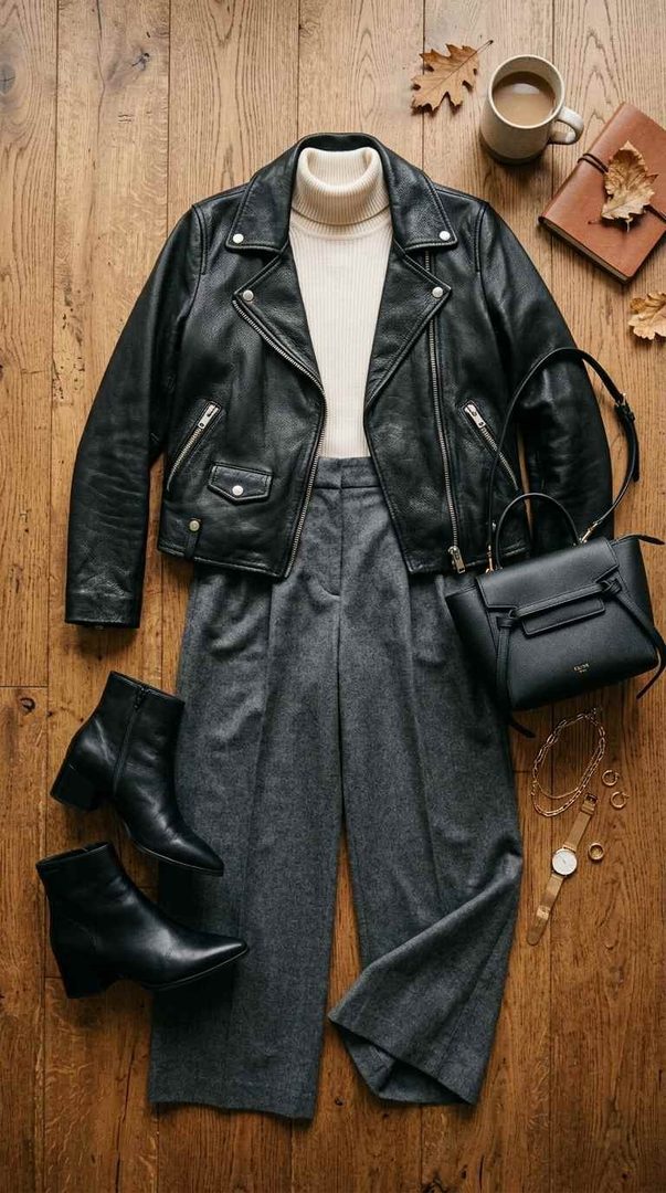 Leather Jacket & Wide-Leg Pants